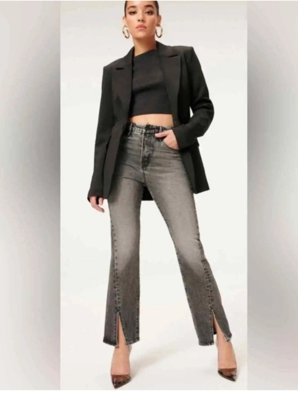 Good American Straight Twist Slit Jeans | Gray / Black
